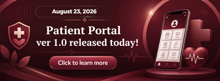A dark red banner highlighting 'Patient Portal ver 1.0 released today!' with the date August 23, 2026. The visual showcases a smartphone with a patient dashboard, a medical shield, a 3D heart, and a 'Click to learn more' button