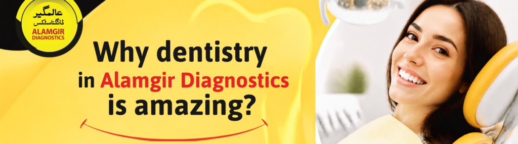 A promotional banner for Alamgir Diagnostics asking, 'Why dentistry in Alamgir Diagnostics is amazing?' against a yellow background. The right side shows a smiling woman sitting in a dental chair. Below the headline, four icons highlight key clinic benefits: Expert Dentists, Advanced Procedures, Treatment for Everyone, and Beautiful Smiles. The bottom includes a date tag for September 13, 2026, and a 'Click to learn more' button.