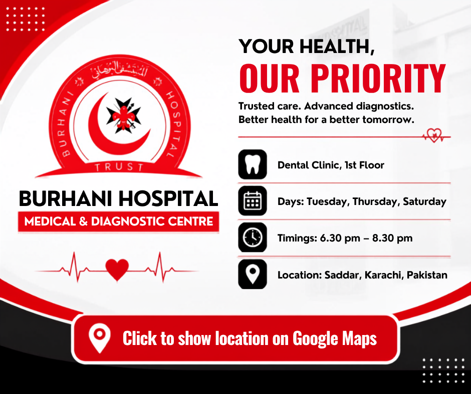 Schedule for the Dental Clinic at Burhani Hospital Medical and Diagnostic Centre in Saddar, Karachi, showing availability on Tuesday, Thursday, and Saturday from 6:30 pm to 8:30 pm.